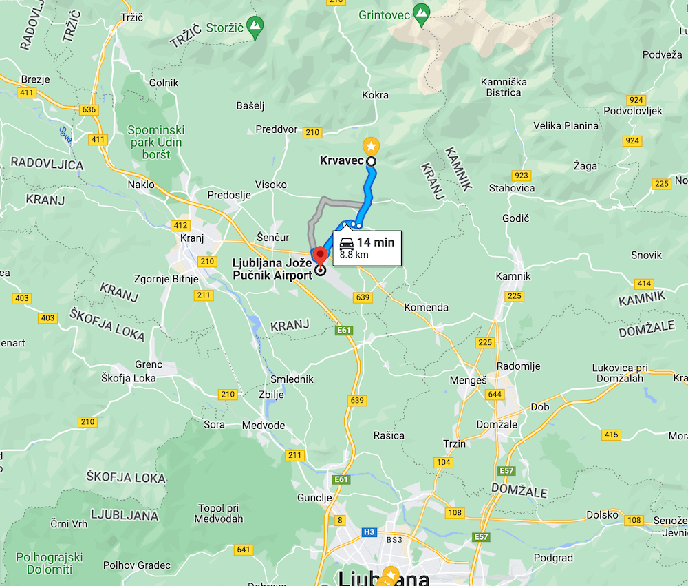 Krvavec ski resort location compared to Ljubljana, the airport and Kranj