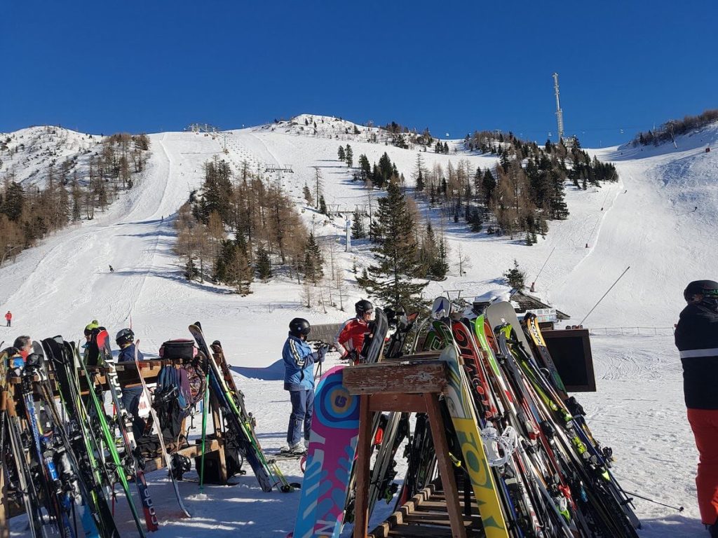 Skiers at Krvavec ski resort in Slovenia