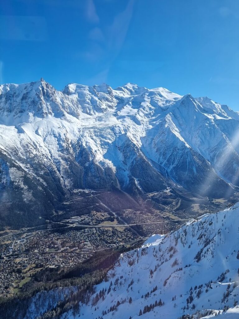 The view from the Brevent mountain towards Chamonix and Mont Blanc