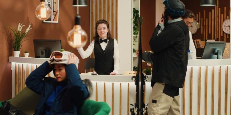 Working in a ski resort hotel or reception
